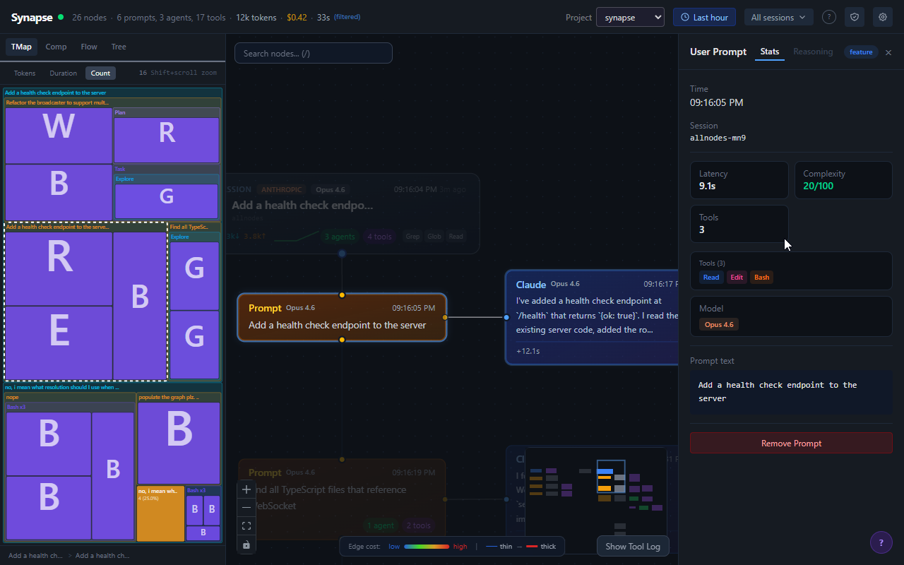 Live agent graph with selected node